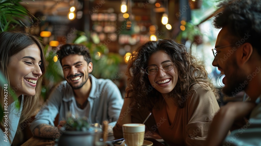 Joyful Friends Sharing Laughter in a Cafe Joyful Friends Sharing Laughter in a Cafe