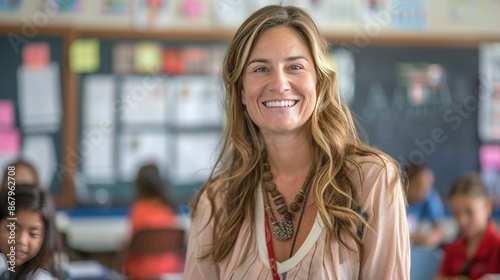 Smiling Female Teacher in Classroom