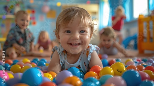 Baby Girl Smiles While Playing in a Ball Pit