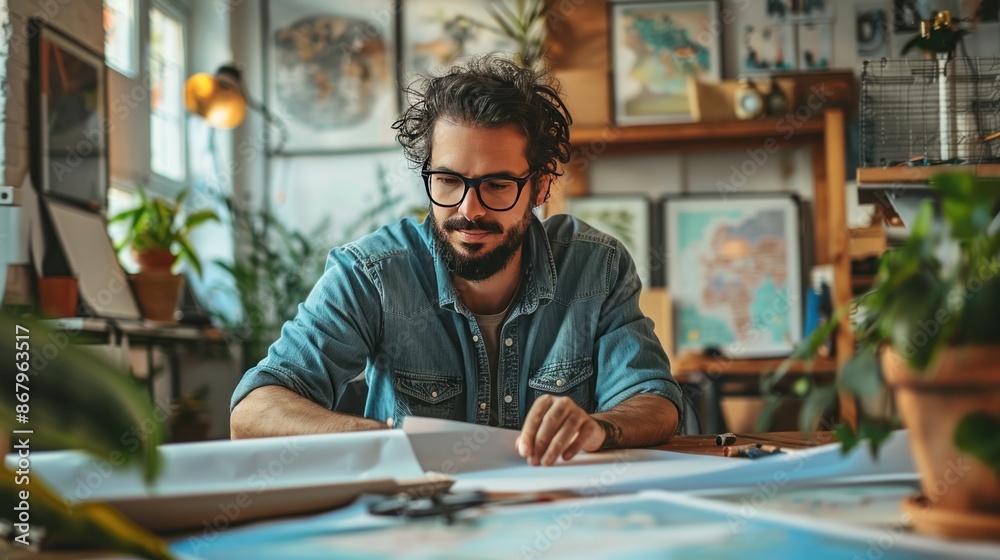 Man Working on a Project in His Home Office Man Working on a Project in His Home Office