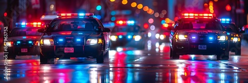 Chicago Police Department Vehicles Lined Up in Downtown with Flashing Lights