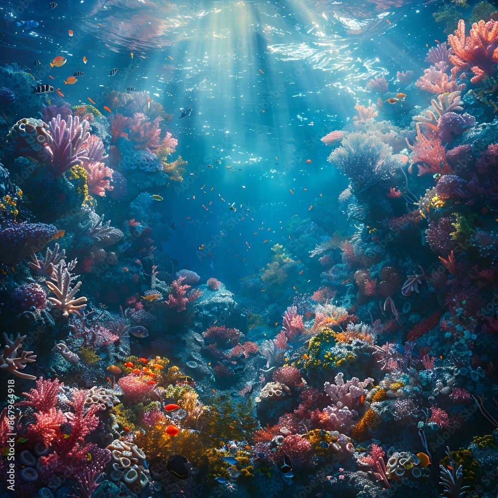 Naklejka premium Ocean teeming with colorful coral and fish.