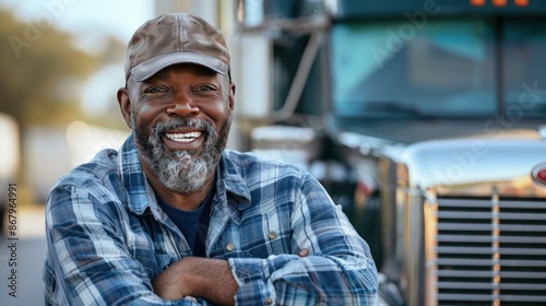 Smiling Trucker Leaning Against His Semi-Truck