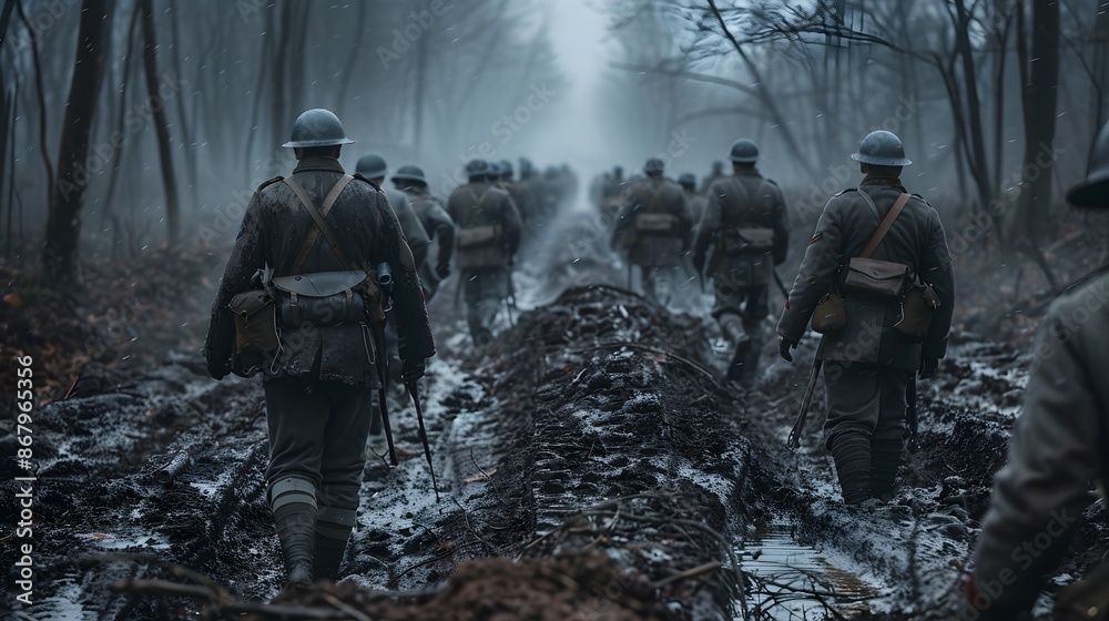 World War 1 Battle of Verdun: French Soldiers in a Muddy Trench Amidst a Foggy Forest World War 1 Battle of Verdun: French Soldiers in a Muddy Trench Amidst a Foggy Forest