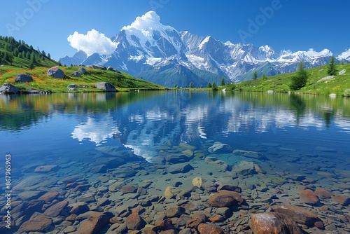 "Vibrant Summer Scenery: Lac Blanc with Mont Blanc"