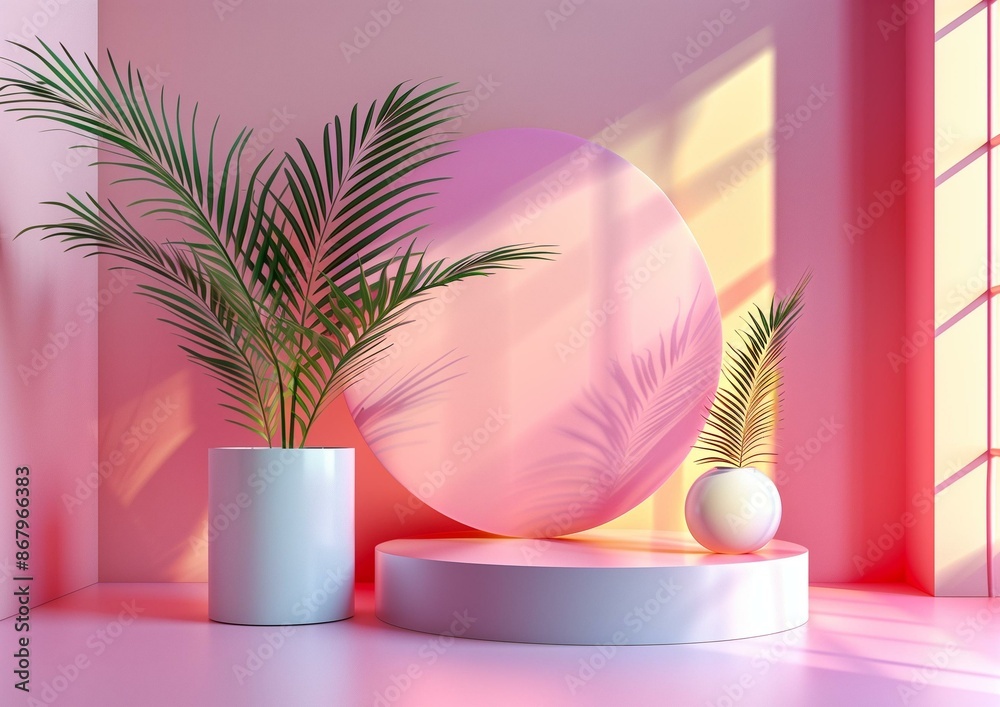 Modern Abstract Botanical Illustration in Soft Pink and Yellow