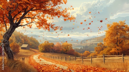A picturesque autumn scene with a winding road, a rustic cabin, and vibrant foliage.  Leaves fall gracefully in a gentle breeze.