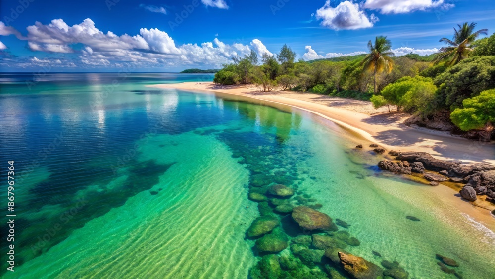 Fototapeta premium Serene, untouched Maputo beach in Bilene, Mozambique, where a tranquil lagoon merges with the crystal-clear turquoise waters of the Indian Ocean.