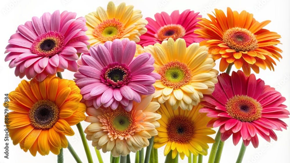 Vibrant Gerbera daisies in shades of yellow, pink, and orange arranged artfully on a crisp, clean, and minimalist white background. Vibrant Gerbera daisies in shades of yellow, pink, and orange arranged artfully on a crisp, clean, and minimalist white background.