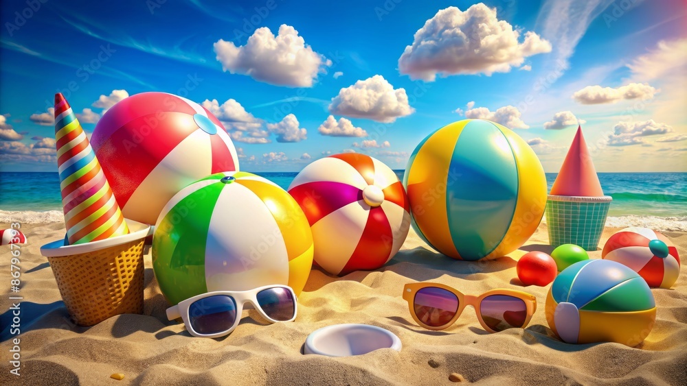Fototapeta premium Vibrant colorful illustration featuring beach balls, sunglasses, ice cream cones, and inflatables on a sunny summer beach scenery backdrop.