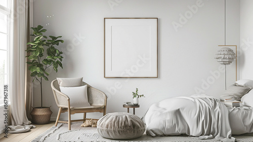 mock up poster frame in modern bedroom interior