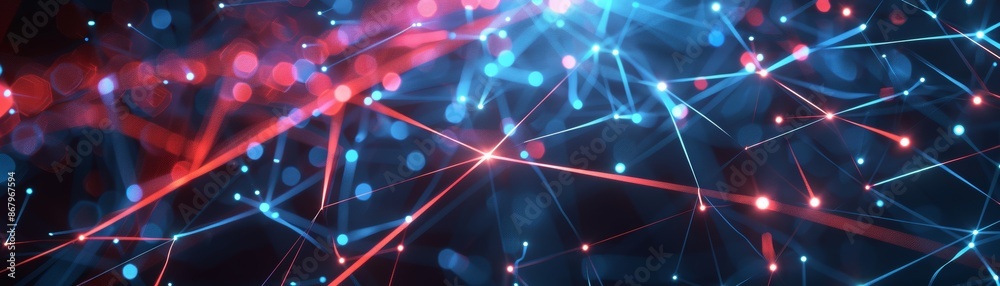 Abstract background with glowing blue and red lines and stars.