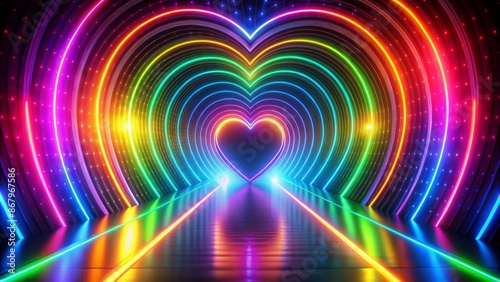 Fototapeta Naklejka Na Ścianę i Meble -  Vibrant rainbow-colored heart-shaped tunnel pulses with neon glow amidst retro-futuristic disco-inspired background, perfect for pride celebrations and valentines day.