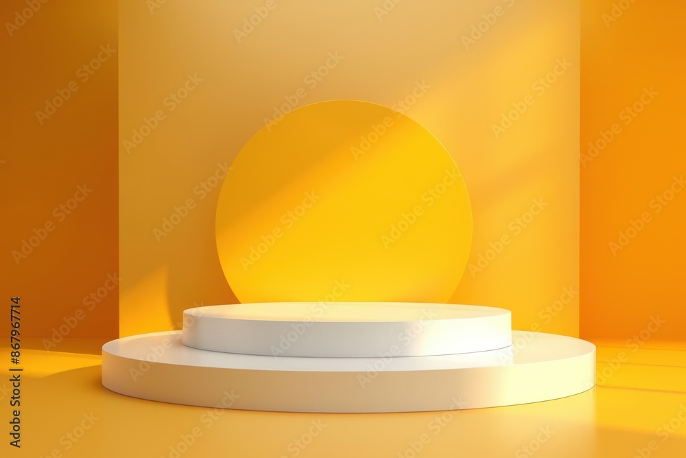 Minimalistic white podium on a vibrant yellow background with circle for product placement. Mockup background for branding and packaging presentation Minimalistic white podium on a vibrant yellow background with circle for product placement. Mockup background for branding and packaging presentation