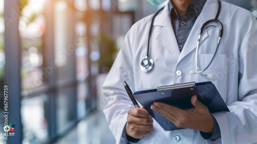 Doctor in a white coat with a stethoscope writing on a clipboard.