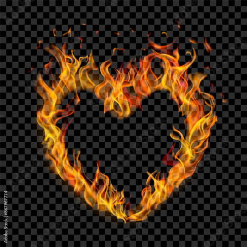 Translucent orange burning flames in the shape of a heart on transparent background. For used on dark illustrations. Transparency only in vector format