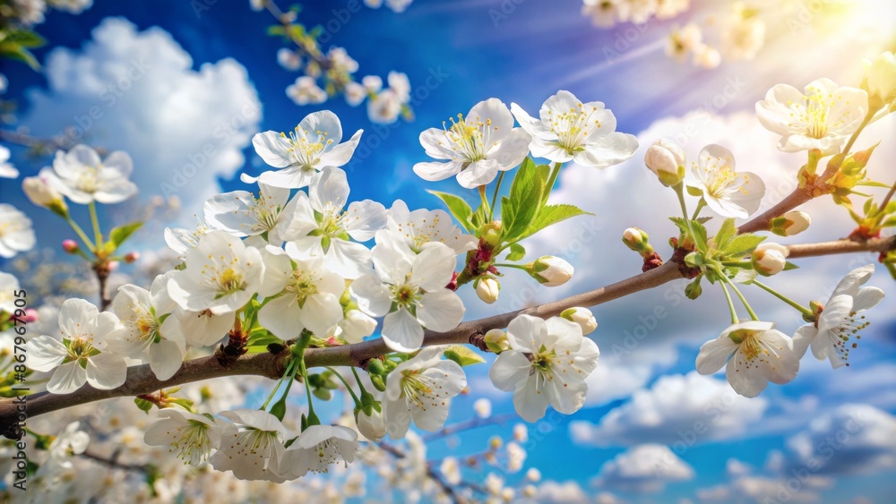 Delicate white blossoms of fruit tree bloom vibrantly against soft wispy blue cloudy sky on warm sunny spring morning light. Delicate white blossoms of fruit tree bloom vibrantly against soft wispy blue cloudy sky on warm sunny spring morning light.