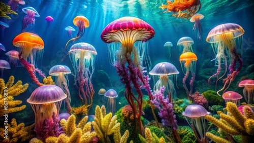 Colorful jellyfish swim peacefully amidst delicate seaweed and coral in a serene, naturally lit aquarium with subtle water agitation.