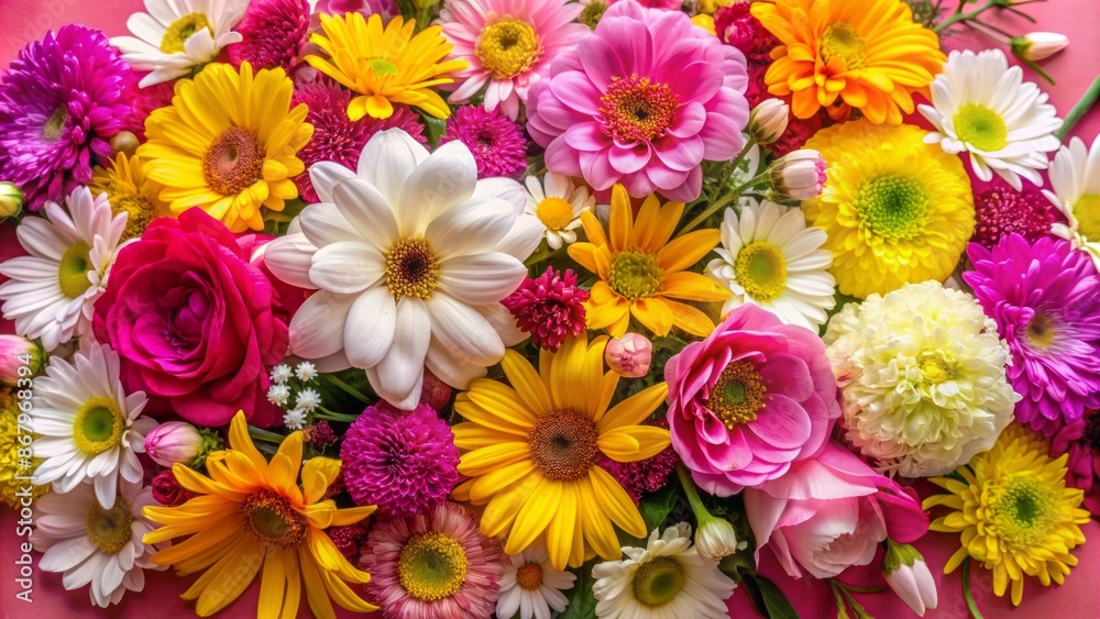 Vibrant colorful arrangement of pink, white, and yellow flowers sprawled across a bright pink background wall, exuding warmth and elegance. Vibrant colorful arrangement of pink, white, and yellow flowers sprawled across a bright pink background wall, exuding warmth and elegance.