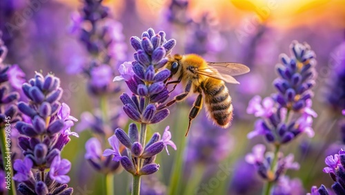 A beautiful close-up shot of a busy bee collecting nectar from a delicate purple lavender flower in a serene field. © Wanlop