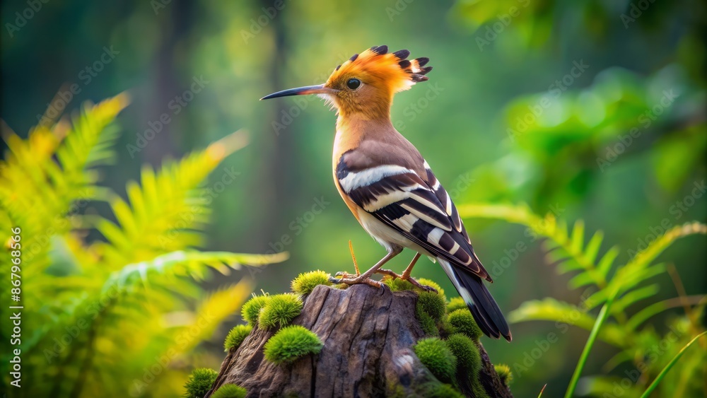 Fototapeta premium A solitary hoopoe perches atop a weathered stump, surrounded by lush greenery, in a serene and idyllic forest landscape.