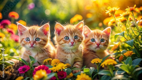 Adorable yellow balls of fluff frolic amidst vibrant flowers and lush greenery, showcasing innocence and carefree kittenhood in warm sunlight. photo
