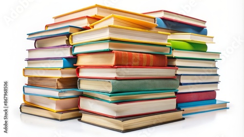 Vibrant stack of assorted textbooks and novels with diverse covers against a clean white background, ideal for educational themes. photo