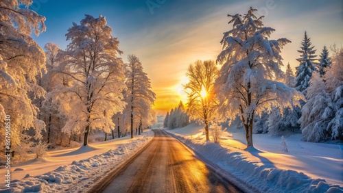 Frozen winter landscape with snow-covered trees lining a deserted road, illuminated by soft warm light of a setting sun. photo