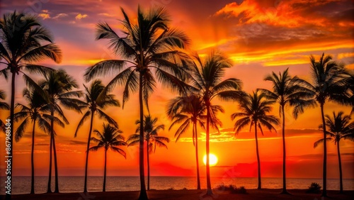 Vibrant orange-red sun dipping below horizon casts warm glow on slender palm tree silhouettes against serene twilight sky.