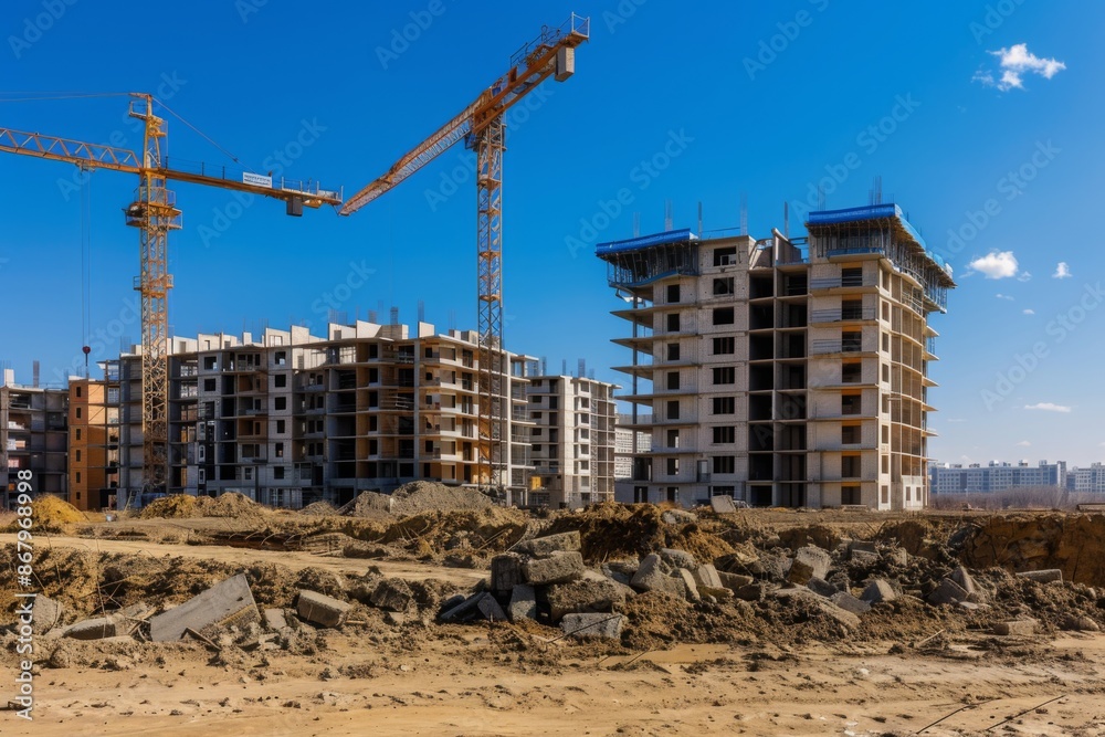 Fototapeta premium Construction Site with Two Tower Cranes