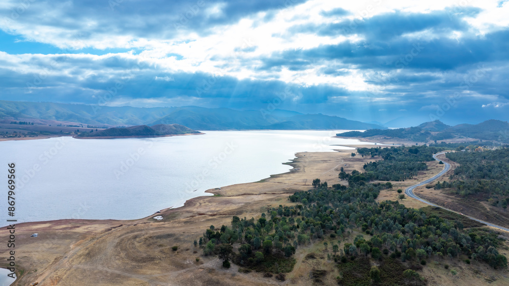 Fototapeta premium Drone aerial photograph of the Tumut River and Blowering Reservoir in the Snowy Mountains region between the towns of Tumut and Talbingo in the Kosciuszko National Park in New South Wales, Australia.