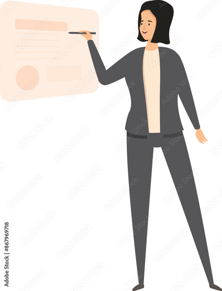Businesswoman using interactive touchscreen display, presenting project and explaining strategy Businesswoman using interactive touchscreen display, presenting project and explaining strategy