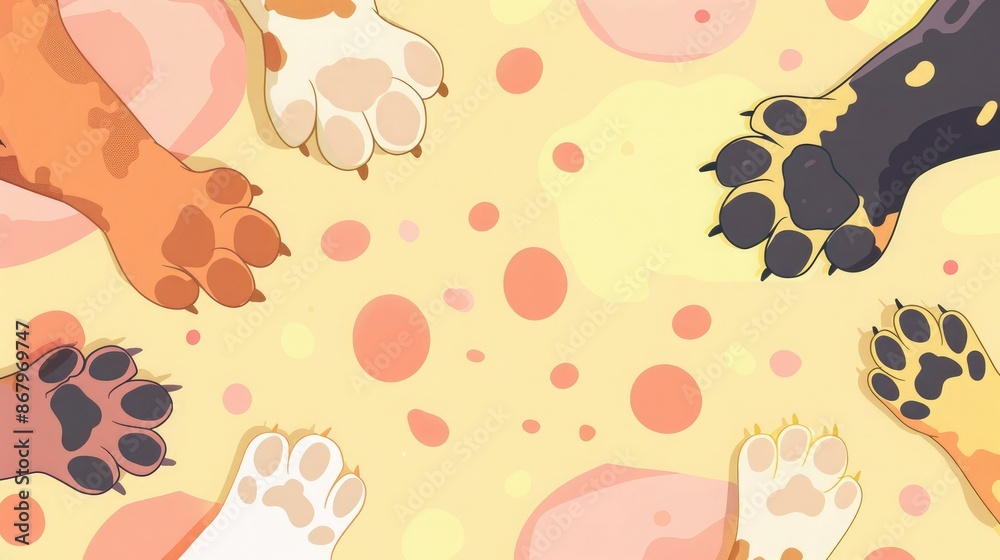 Fototapeta premium Colorful illustration of various cat paws with different fur patterns and colors, creating a playful and lively frame over a spotted background.