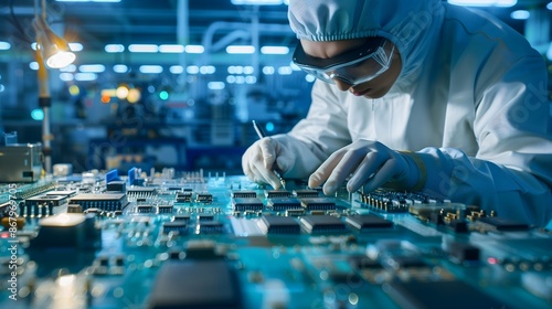 A man in a lab coat is working on a computer chip. He is wearing gloves and has a pair of scissors in his hand. AI generated. A man in a lab coat is working on a computer. He is wearing a mask.