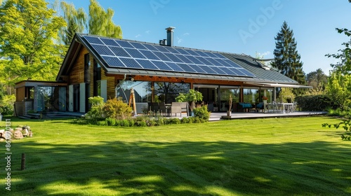Eco-friendly home with solar panels on the roof and a green lawn
