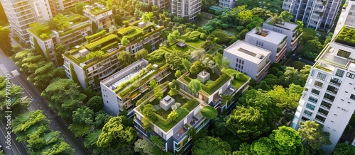 Green rooftop urban buildings with lush foliage in the sunlight