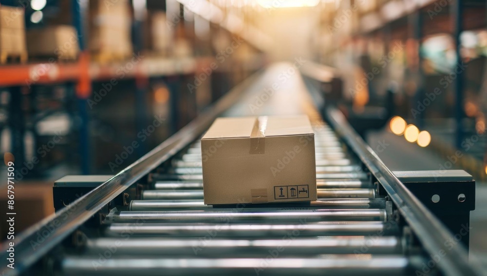 Cardboard Box on Industrial Conveyor in Warehouse Cardboard Box on Industrial Conveyor in Warehouse