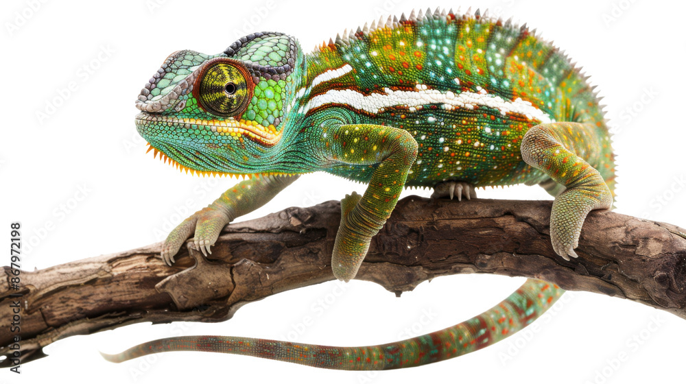Fototapeta premium Chameleon portrait on a branch on transparent background