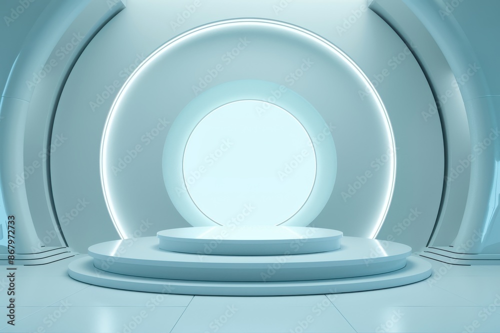 Obraz premium Futuristic white podium in a sleek, modern room with glowing lights. Perfect background for showcasing products or technology. 