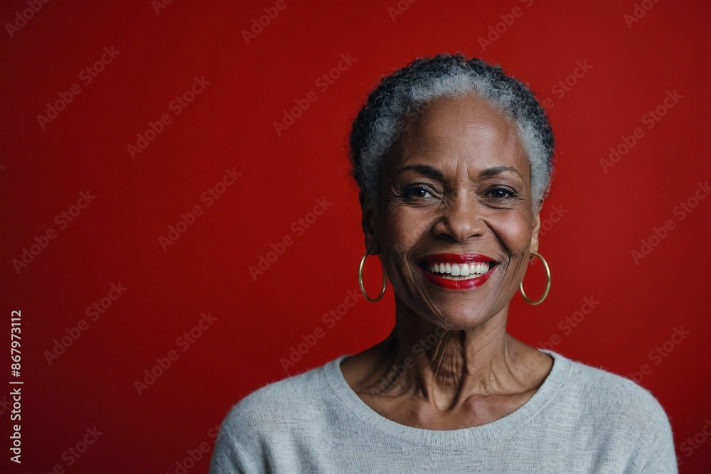 African American female person with smile on face next to empty space on dark red background. Beautiful mature woman. Place for advertising text. African American female person with smile on face next to empty space on dark red background. Beautiful mature woman. Place for advertising text.