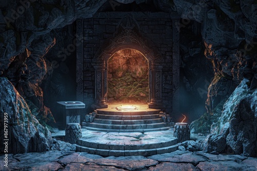 Mysterious ancient temple entrance inside a dark cave with glowing altar and ornate carvings. Concept of fantasy, adventure, mystery, and magic.