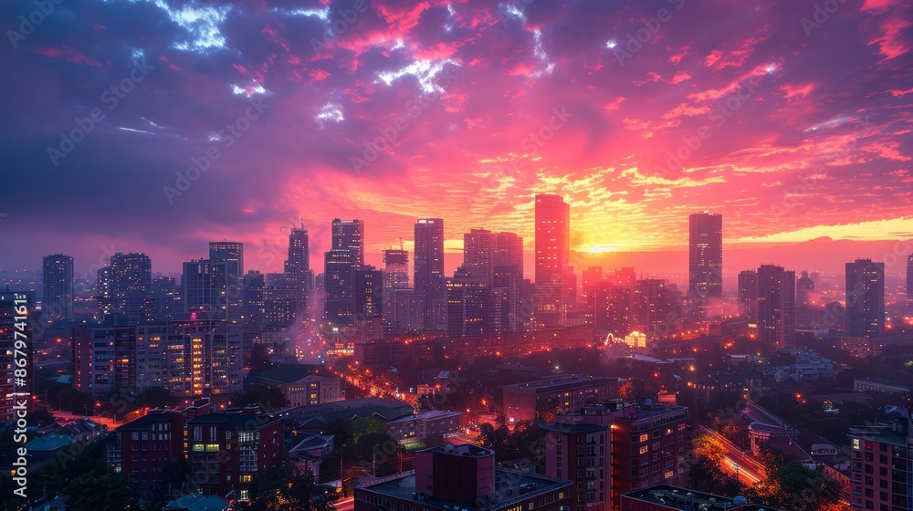 Obraz premium A cityscape at sunrise, with the buildings glowing in the early morning light. The beautiful, bright urban scene provides an inspiring backdrop for your words. 