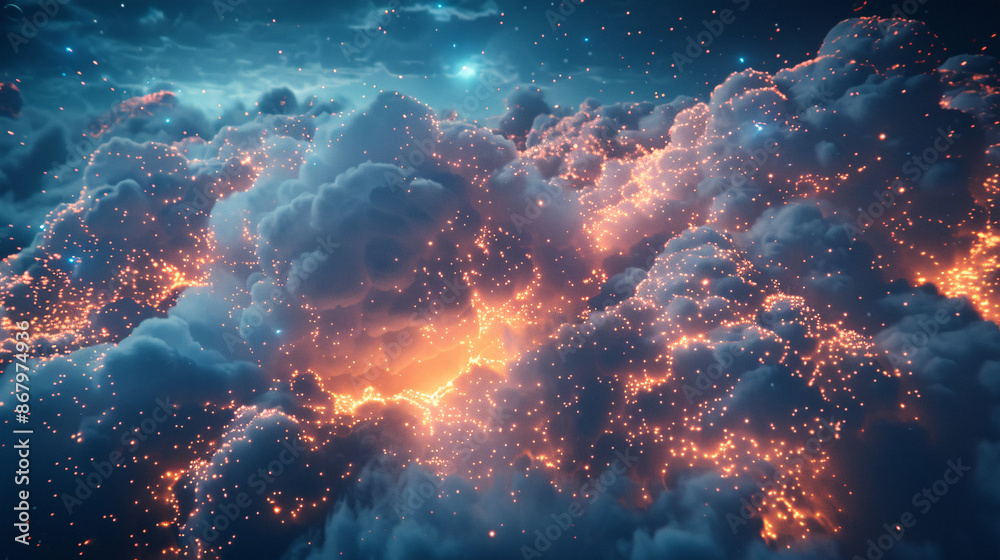 Glowing data connections in digital cloud landscape, 3D rendering Glowing data connections in digital cloud landscape, 3D rendering