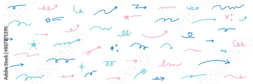 手書きの矢印と飾りのアイコンのベクターイラストセット　星　やじるし　ハート　装飾　手描き　キラキラ