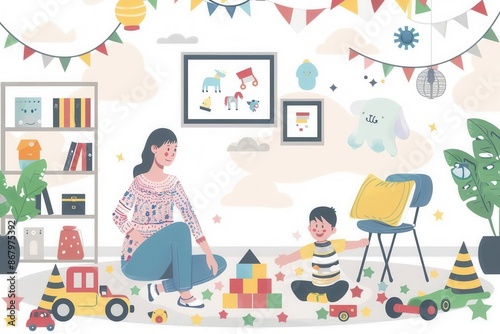 A mother and child play in a bright, colorful kitchen, surrounded by toys and playful decorations. Generative AI