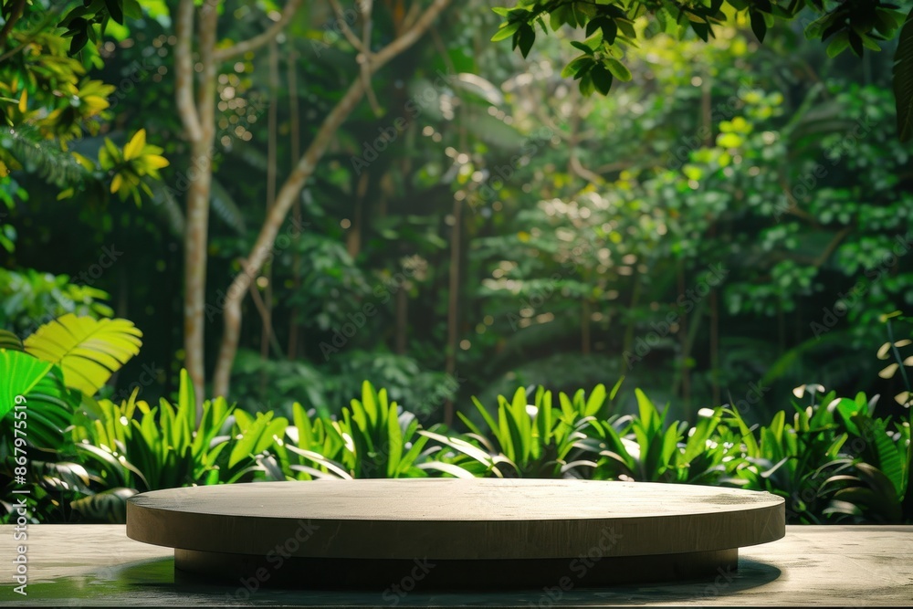 Empty round wooden platform podium for product placement with lush green tropical forest background. Concept of nature, sustainability, and organic products. Empty round wooden platform podium for product placement with lush green tropical forest background. Concept of nature, sustainability, and organic products.