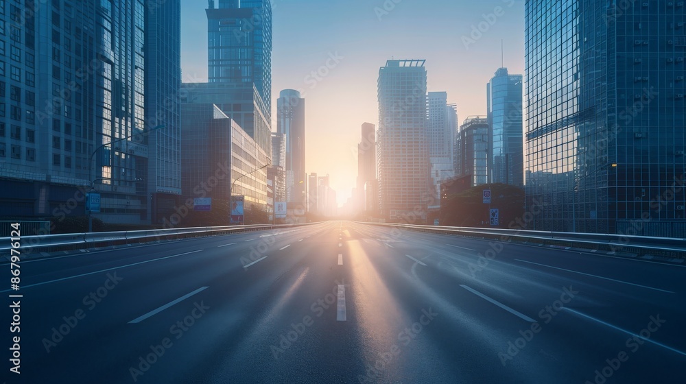 Empty urban road at dawn with skyscrapers casting long shadows Empty urban road at dawn with skyscrapers casting long shadows