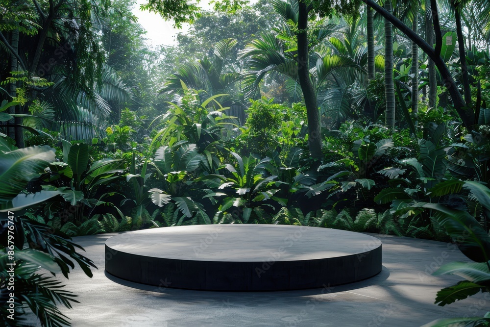Empty round platform podium surrounded by lush tropical jungle for product placement. Concept of nature, sustainability, and eco-friendly products. Empty round platform podium surrounded by lush tropical jungle for product placement. Concept of nature, sustainability, and eco-friendly products.