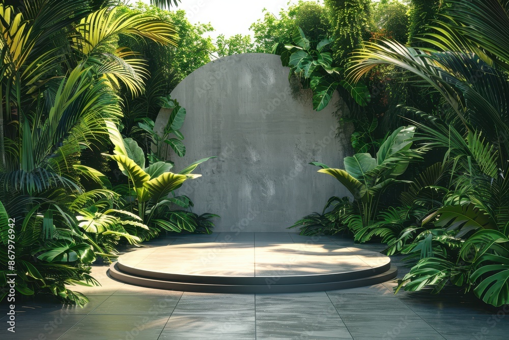 Empty round concrete platform podium for product placement surrounded by lush tropical plants and foliage. Concept of natural, sustainable, and eco-friendly product display.
