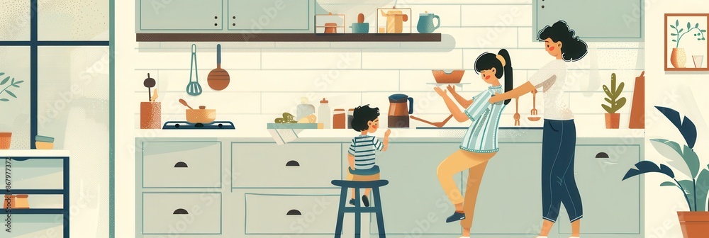 A mother and child are in a modern kitchen preparing a meal. The child is sitting on a stool while the mother is standing next to him, both focused on their task. Generative AI A mother and child are in a modern kitchen preparing a meal. The child is sitting on a stool while the mother is standing next to him, both focused on their task. Generative AI